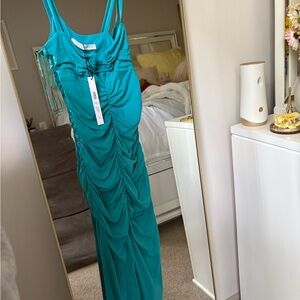 Susan Monaco Blue Ruched Maxi Dress Spaghetti Strap NWT